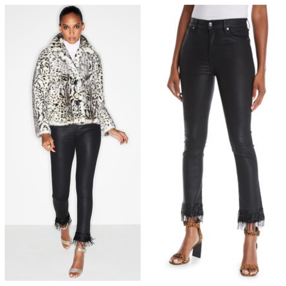 7 for all mankind Edie High waist crop beaded hem black coated denim jeans